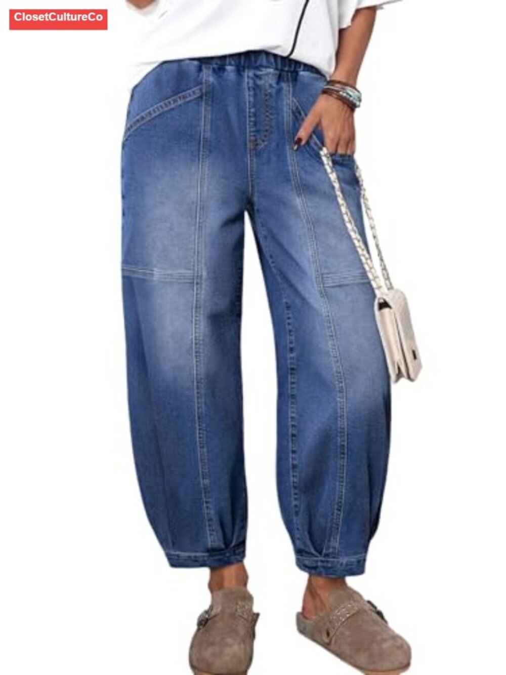 High Waisted Barrel Jeans Wide Leg Ankle Denim Harem Pants Stretch Waist